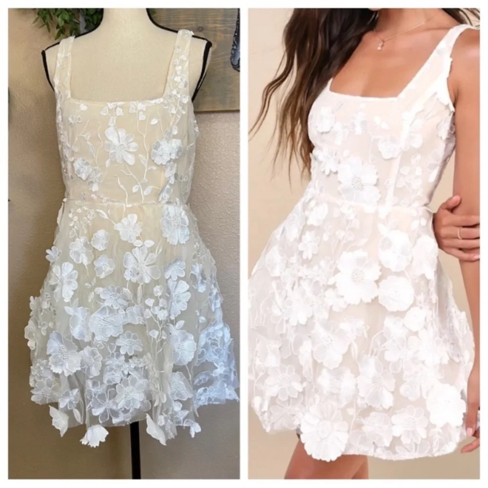 NWOT Lulus Divine Intentions White 3D Floral Embroidered Skater Dress